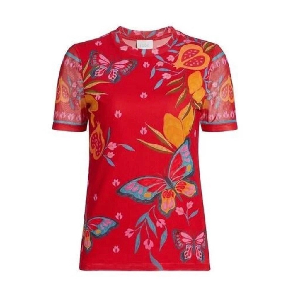 JOHNNY WAS Jade Eleanor Mesh Tee  Shirt Petite XS NEW Butterfly Floral Festival